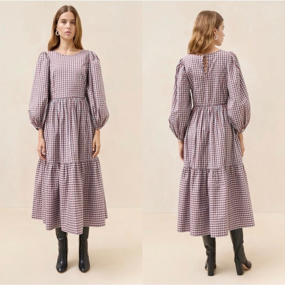 NWT Loeffler Randall Ramina Easy Dress Maroon Light Blue Plaid Puff Midi Size 12